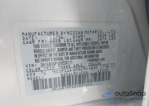 2016 Nissan Sentra Sr z USA, uszkodzony, nr VIN 3N1AB7AP1GY224111